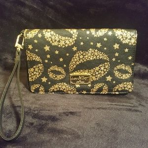 Betsey Johnson Black Gold Glitter Wristlet Wallet